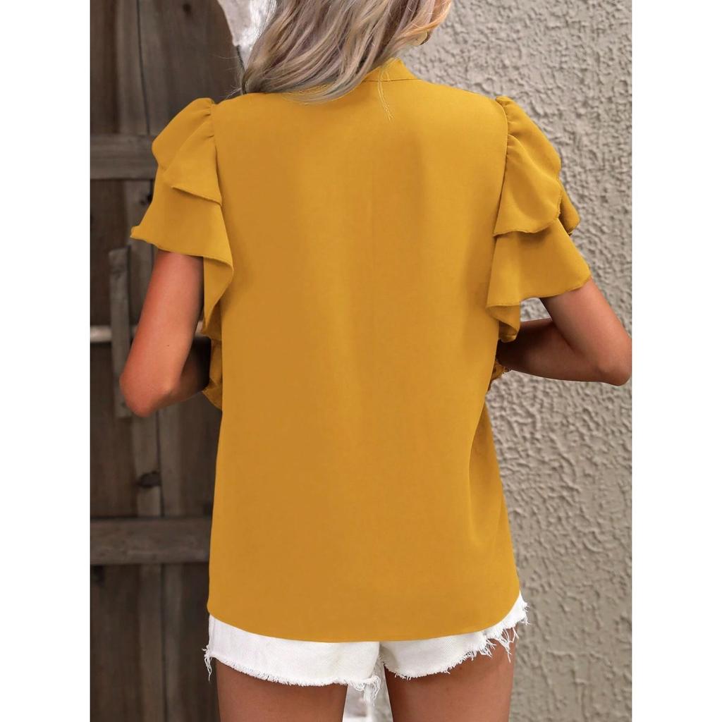 GMXIA Women's Summer V-neck Casual Double Layer Lotus Sleeve Solid Color Shirt Top