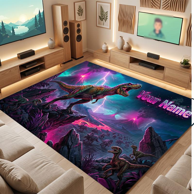 Dinosaur Theme Soft Crystal Velvet Rug Custom Name & Text Print Non Slip Floor Rug for Bedroom Living Room