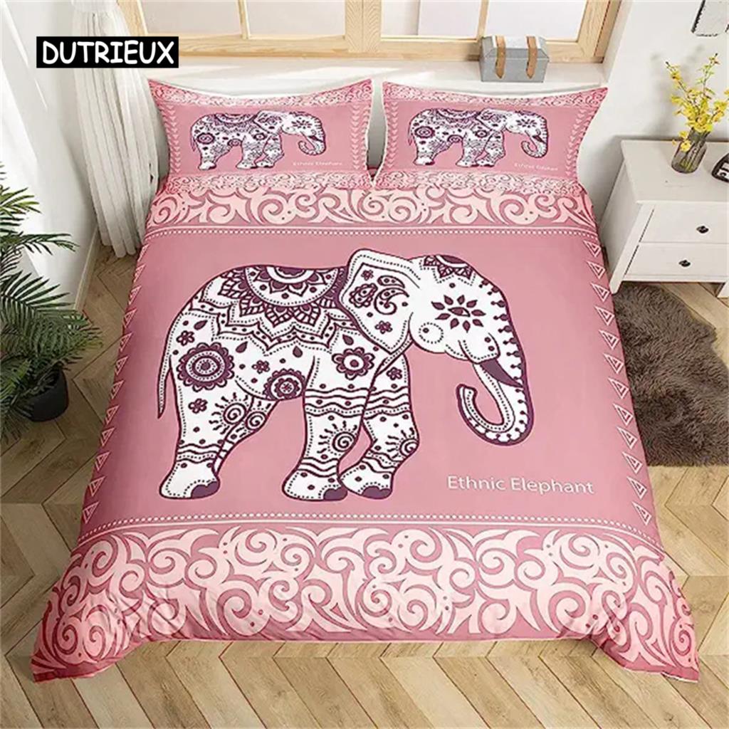 Husă plapumă elefant din desene animate Animal drăguț Fete băieți Decor camera Kawaii Ramuri cu flori Husă pilotă elefant din desene animate Violet Albastru