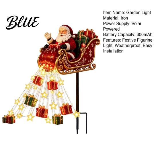 Decorative Iron Garden Stakes Santa Sleigh Figurine Light, Solar Powered Christmas Stake Festive Holiday Lawn Ornaments Pouring Gifts Stars Light for