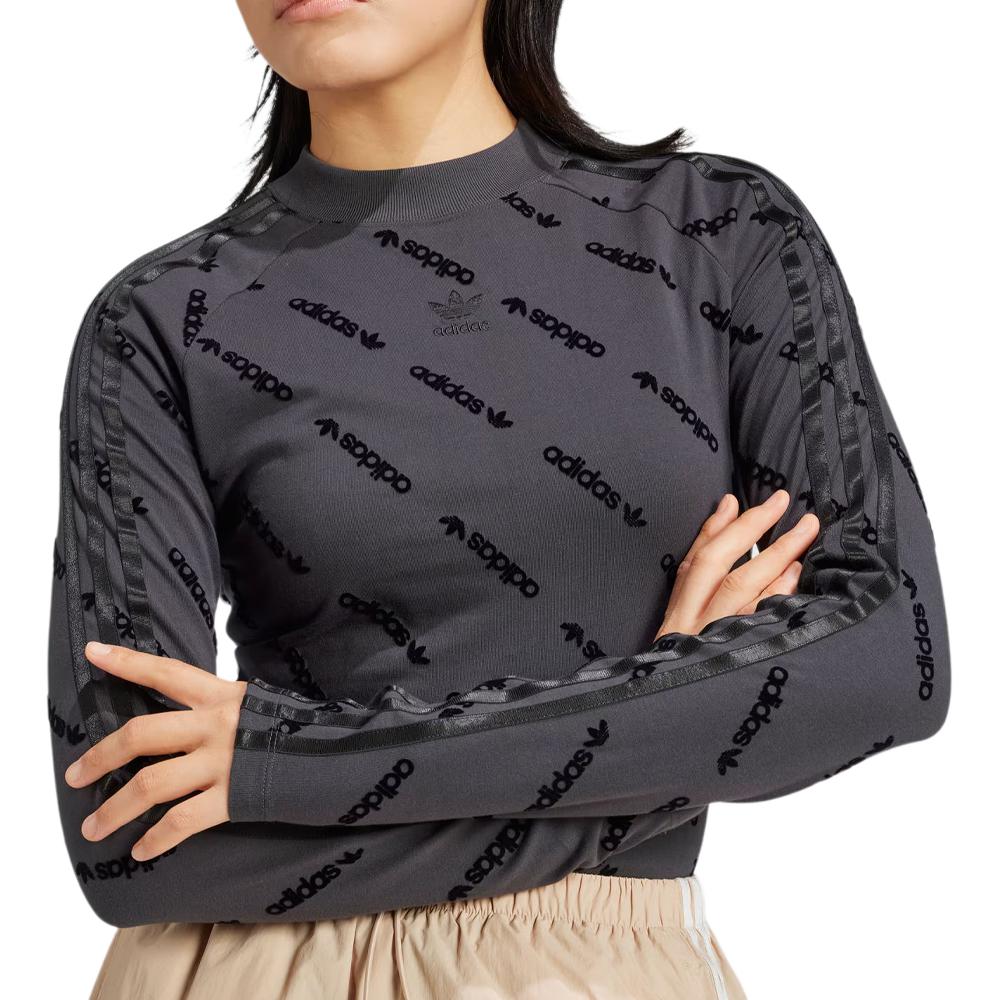 adidas Originals Long Sleeve Top Letter Print Sports Slim Fit T-Shirt Women Tops Carbon-Black JE8355