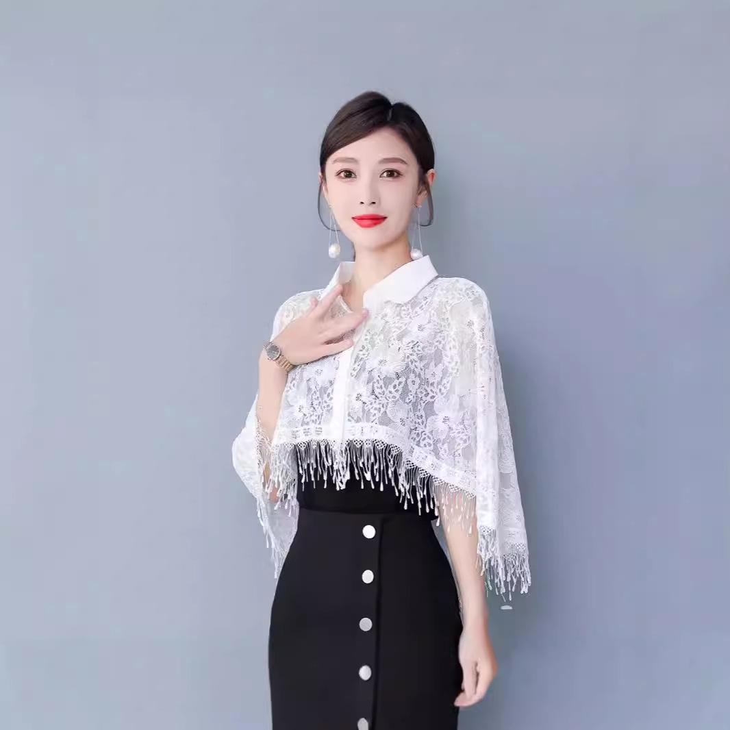

Retro Embroidered Lace Cheongsam Cape Shawl Cardigan with Tassels One Size білий