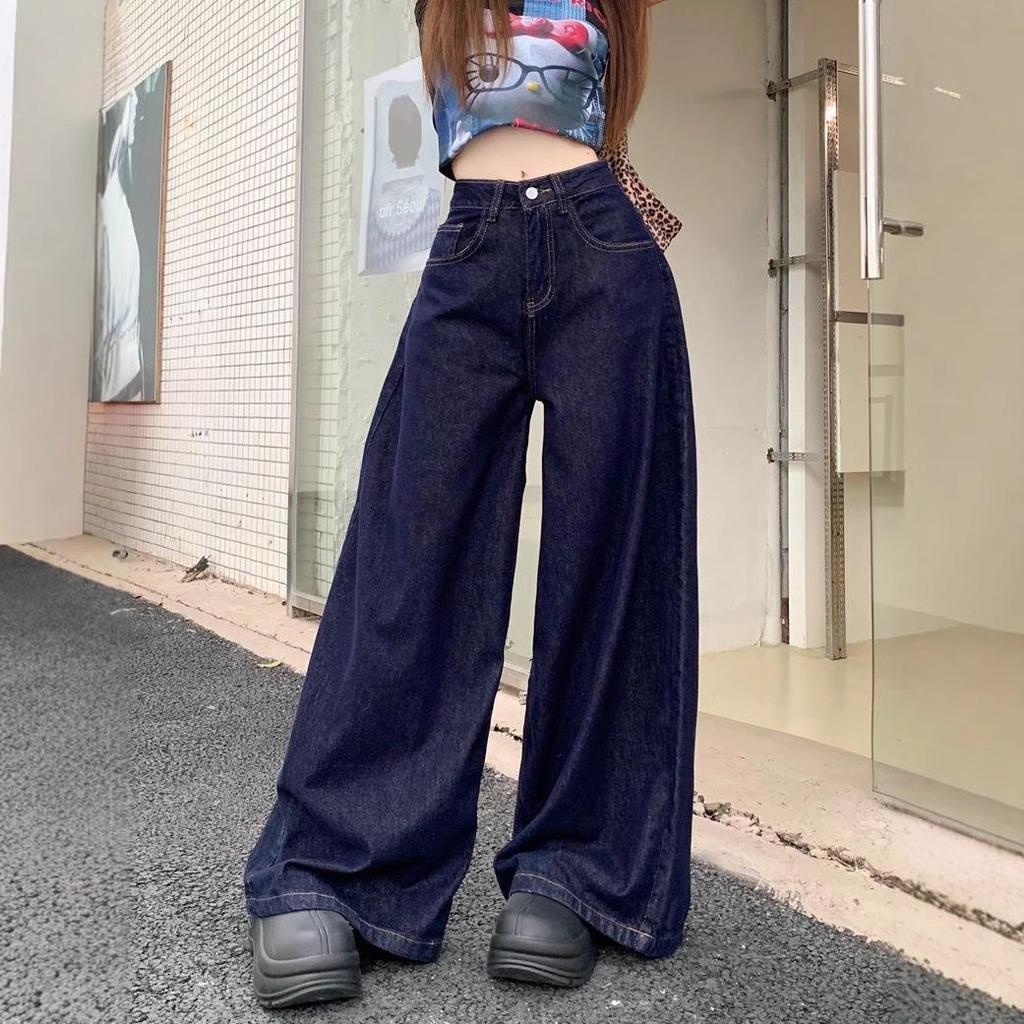 Retro Dark Blue High Waist Wide-Leg Jeans for Women - Spring/Autumn 2025 Collection: Loose, Drapey, Floor-Length Pants