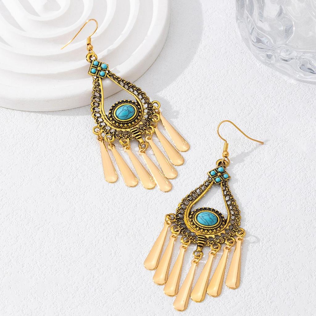 European and American Vintage High-grade Inlaid Blue Turquoise Tassel Earrings Suitable for Ladies' Banquet Parties