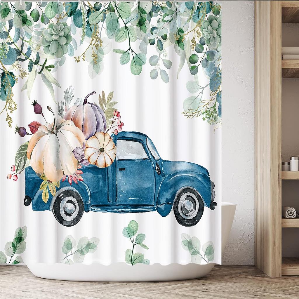 Autumn Pumpkin Truck Shower Curtain Thanksgiving Harvest Fall Watercolor Leaves Farmhouse Home Bathtubs Bathroom Curtain Decor