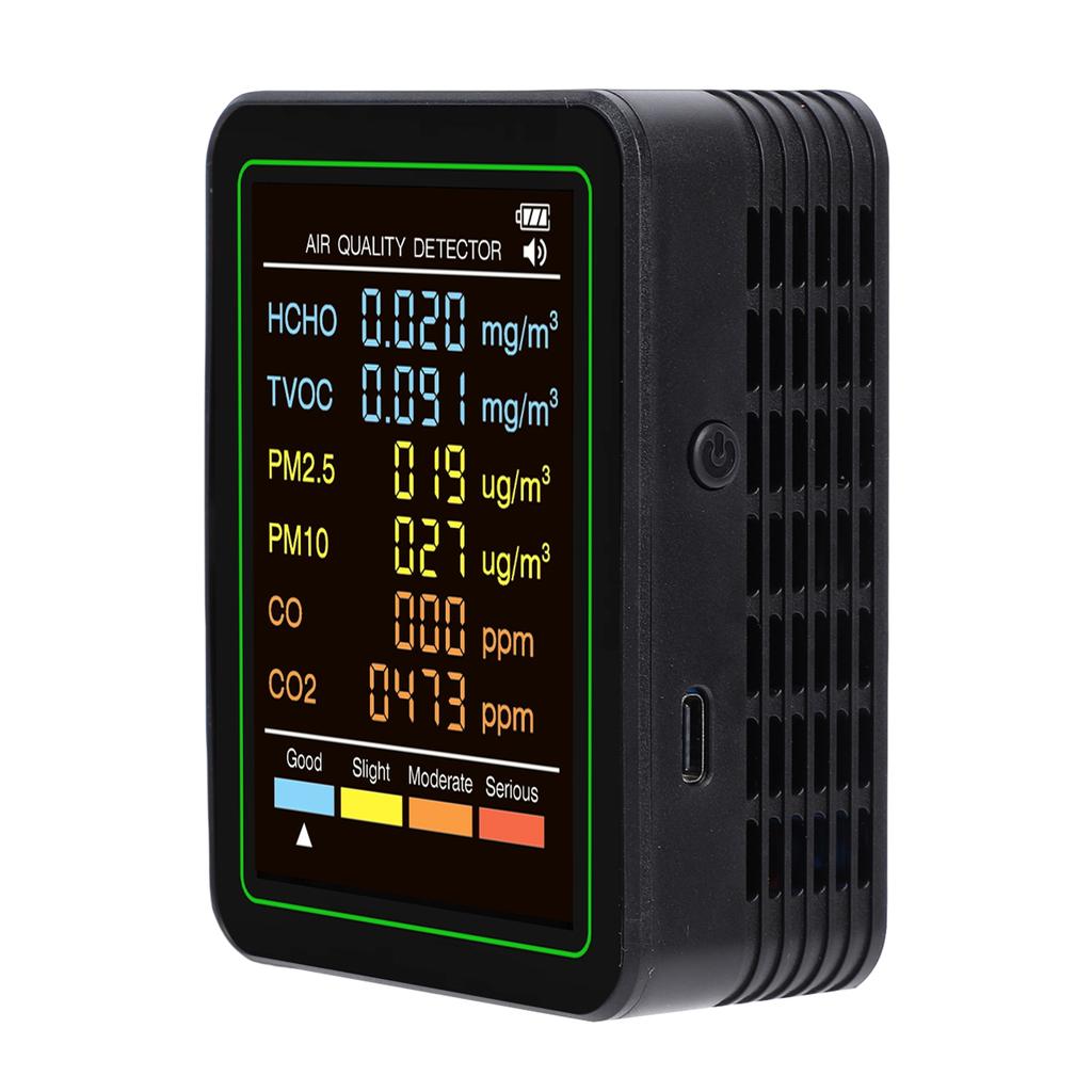 6 in 1 Air Quality Monitor with CO CO2 TVOC HCHO PM2.5 PM10 Detection Infrared Sensor LCD Color Screen Portable Home