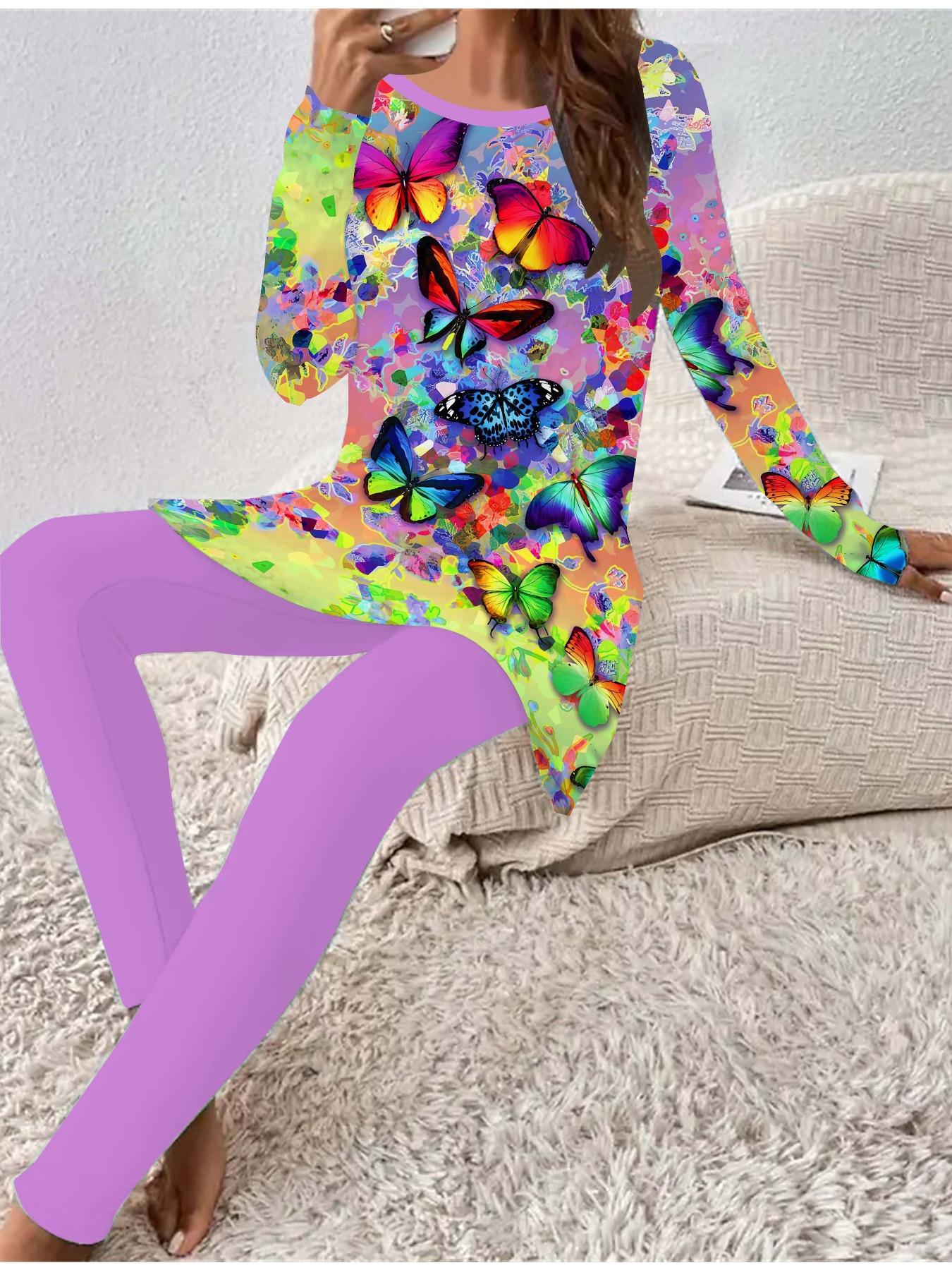 

Euro-American Fashion 3D Butterfly Printed Women s Four-season Long-sleeved T-shirt + Long Pants Two-piece Set. Perfect Gift for New Year & Christmas 8XL рожевий