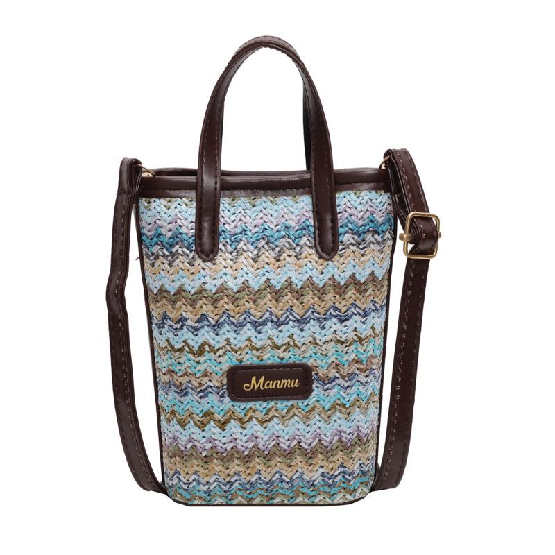

Plaid woven bag women s summer 2024 new trendy retro literary straw bag versatile single shoulder crossbody bucket bag синій
