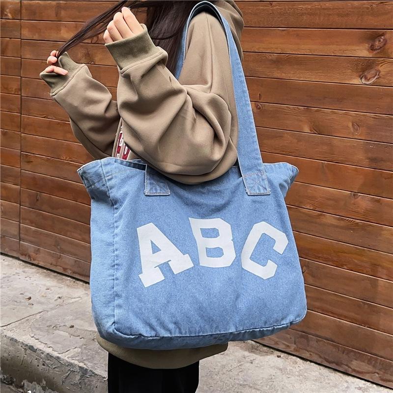 Large Capacity Denim Bag Female Letter Tote Bag Student Shoulder Bag