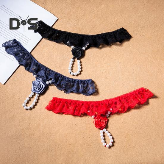 Women G String Thong Faux Pearl Decor Lace Fabric Rose Decor Pornographic Shirring Solid Color Honeymoon Wedding Night Lady Panties