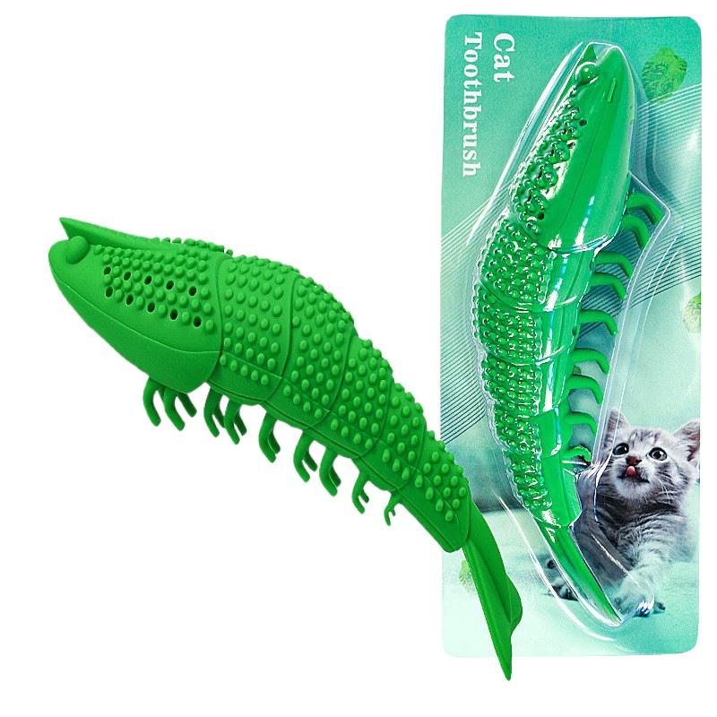 Rubber Cat Toy Chew Toothbrush Catnip Shrimp Shape Pet Toy for Dental Cleaning and Play