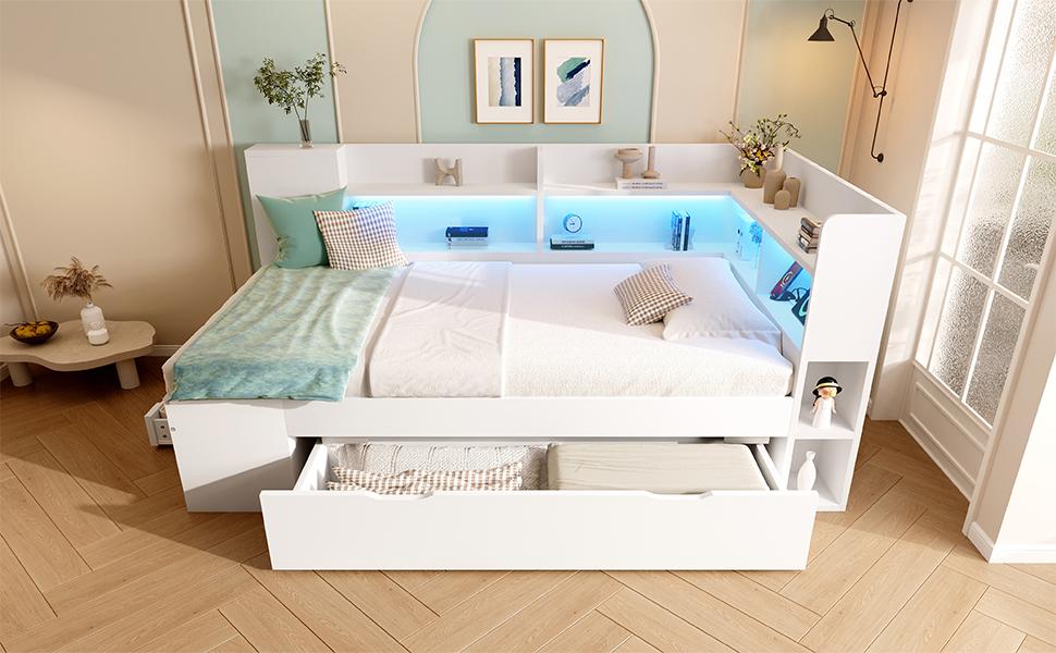 Daybed 90x200 cm White Single Youth Bed, Wood-Based, LED Lighting, USB & Type-C Charging, Shelves & Drawers, incl. Slatted Frame (With Mattress)