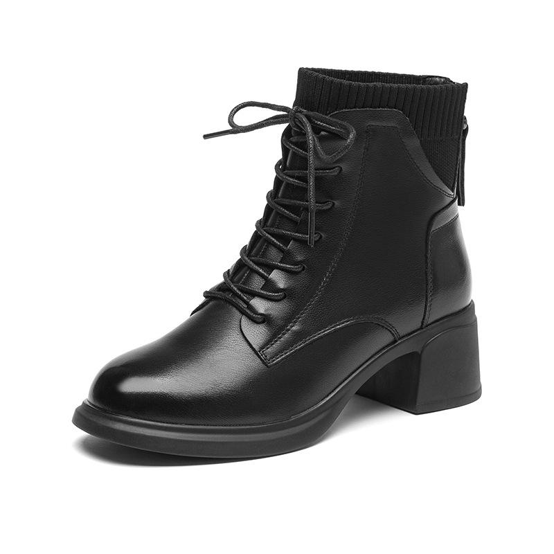 

Женские ботильоны из натуральной кожи на массивном каблуке с мягкой подошвой, средней высоты каблук, молния сзади, нескользящие для осени/зимы - Модель CT8696M. 36 чёрный