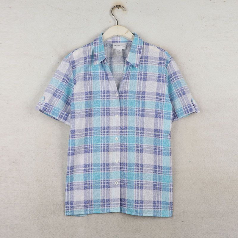 

Sunshine House Summer New Arrival Export Fashion plus Size Women s Clothes Short Sleeve Lapel Plaid Shirt Thin Top Blue M: Bust size 114