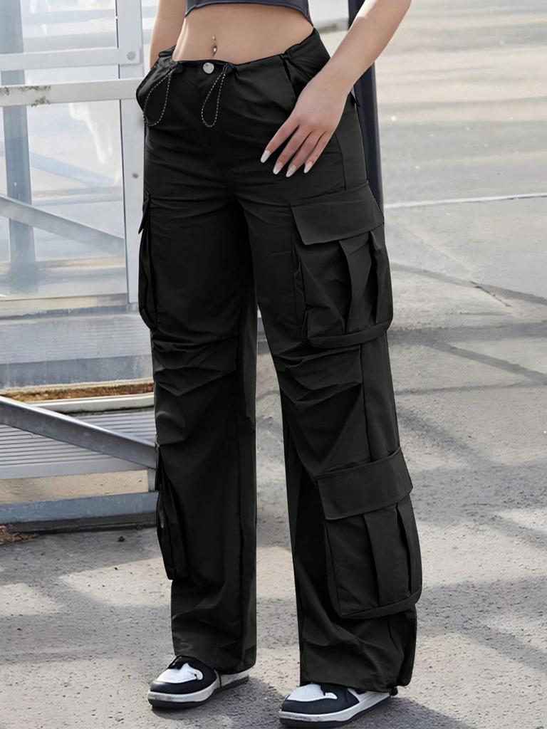 Rose Beauty A Flap Pockets Drawstring Ruched Cargo Parachute Pants