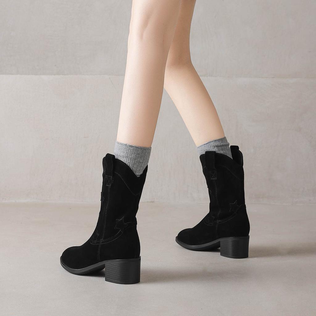 Krazing Pot Cow Suede Nubuck Winter Round Toe Modern Boots Med Heels Slip On Five-Star Decoration Women Mid-calf Boots