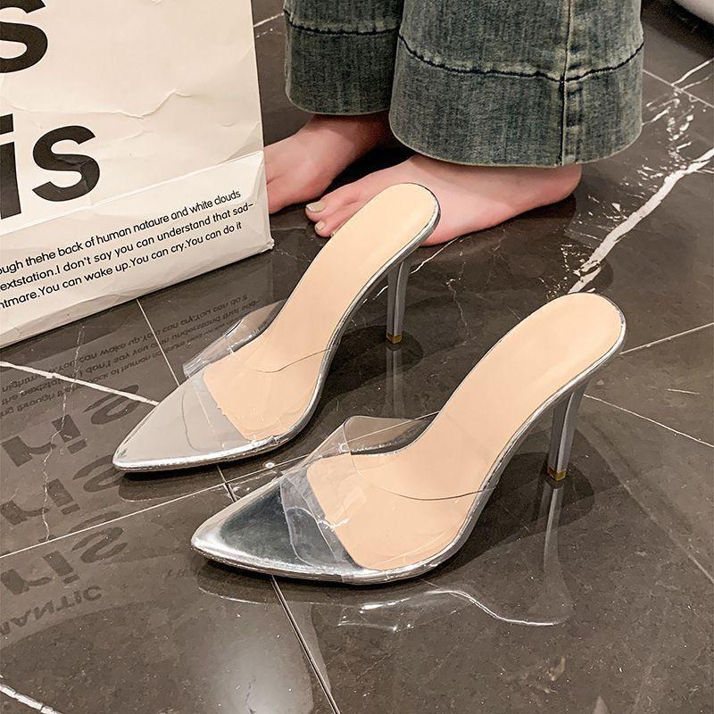 Fashion Versatile Sexy Stiletto High Heels Women's 2025 New Transparent Open-toed Pointed Temperament Semi-drag Women's Summer Outer Wear