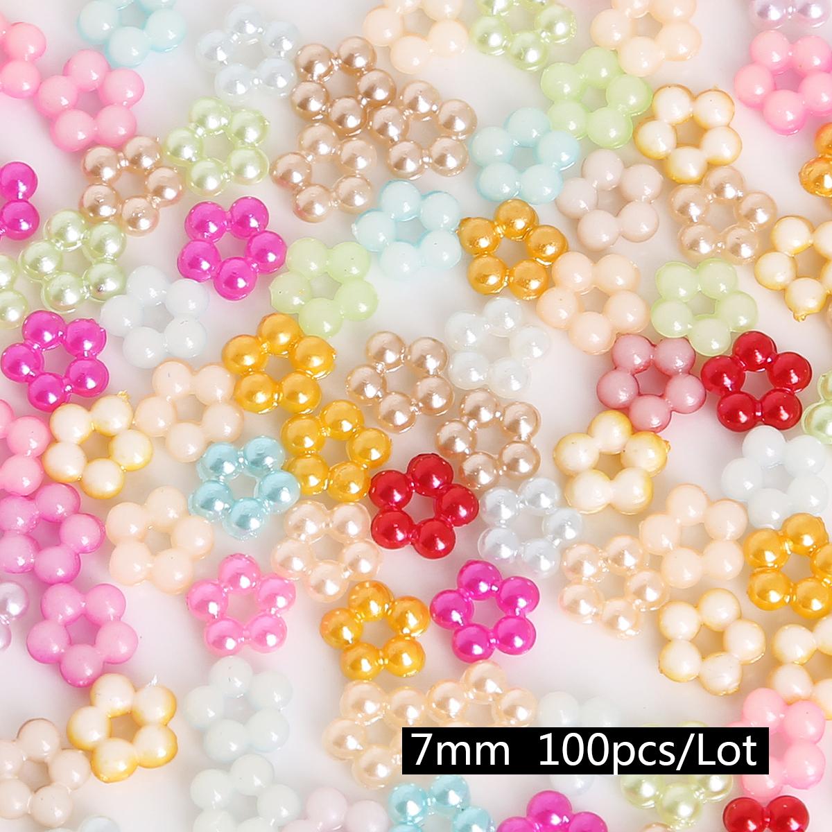 

100 шт. Різнокольорові квіти з плоскою спинкою, імітація кабошона, 7 мм/9 мм, пластикові перлинні намистини з АБС-пластику. Саморобне ремісниче виготовлення, прикраса для одягу. 7mm 100pcs різнокольоровий