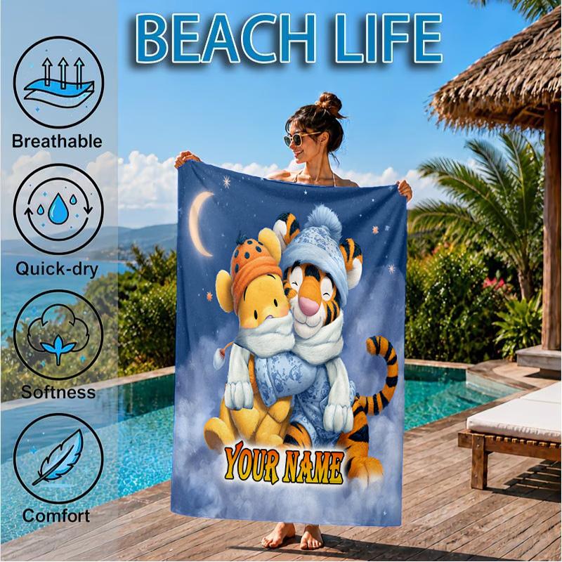 Custom Name Nightly Tiger Hugs Pooh Beach Towel Microfiber Beach Towel, Lightweight and Quick-Dry, for Summer Travel, Swimming Pool Gift