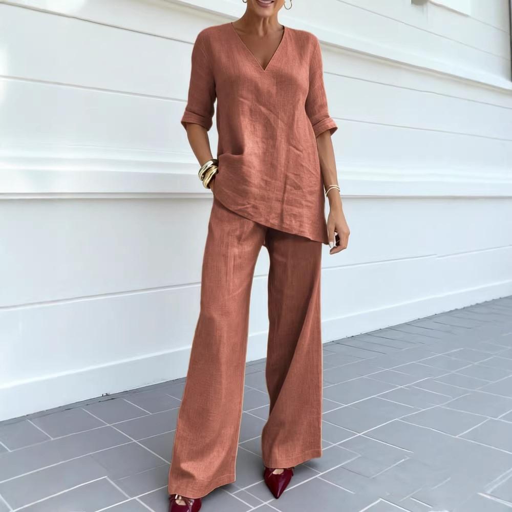 Fashion Cotton Linen Mid-sleeve V-neck Top Straight Trousers Women's 2piece Set Casual Loose Elegant Female Office Trousers Suit