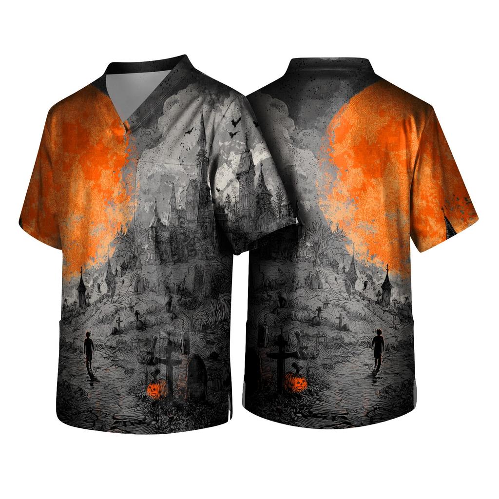 Men's Halloween V-Neck Scrub Top, Short Sleeve with Pockets for or Costume