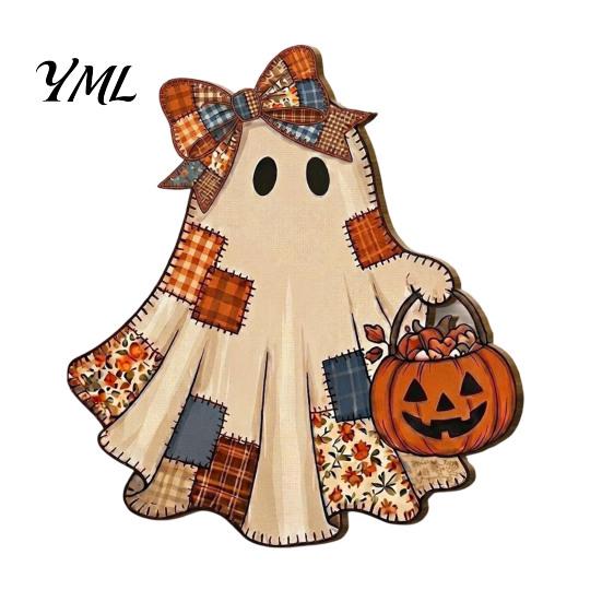 Halloween Party Supplies Ghost Welcome Door Hanger, Cute Wooden Sign with Witch Hat & Pumpkin Wall Elements, Fall Indoor Outdoor Decor for Holiday