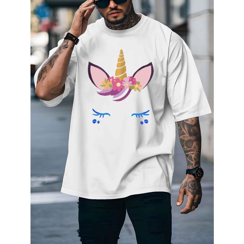 European Size Men's Breathable Polyester-Spandex T-Shirt with Shy Unicorn Print, Short Sleeves, Round Neck - Casual Summer Top for Beach ,Resort Wear