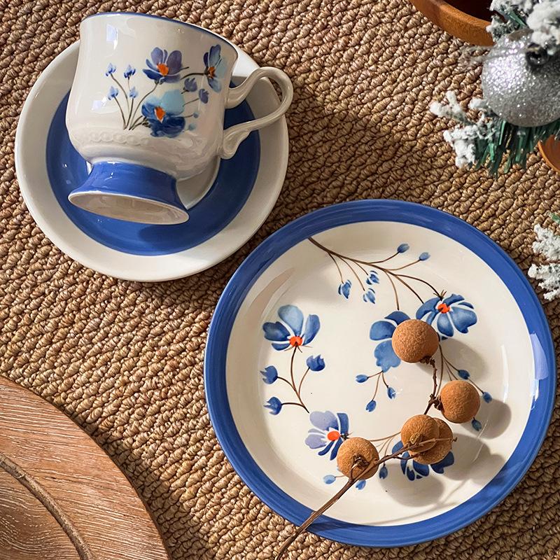 Swedish antique hand-painted blue poppy ceramic coffee cup and saucer set, heavy industry handmade afternoon flower tea water cup