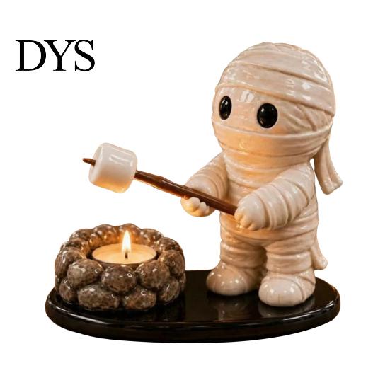 Decorative Resin Ghost Ornaments Halloween Campfire Tealight Holder, Mummy Scarecrow Cozy Home Atmosphere Accessories Candle Stand for Desk,