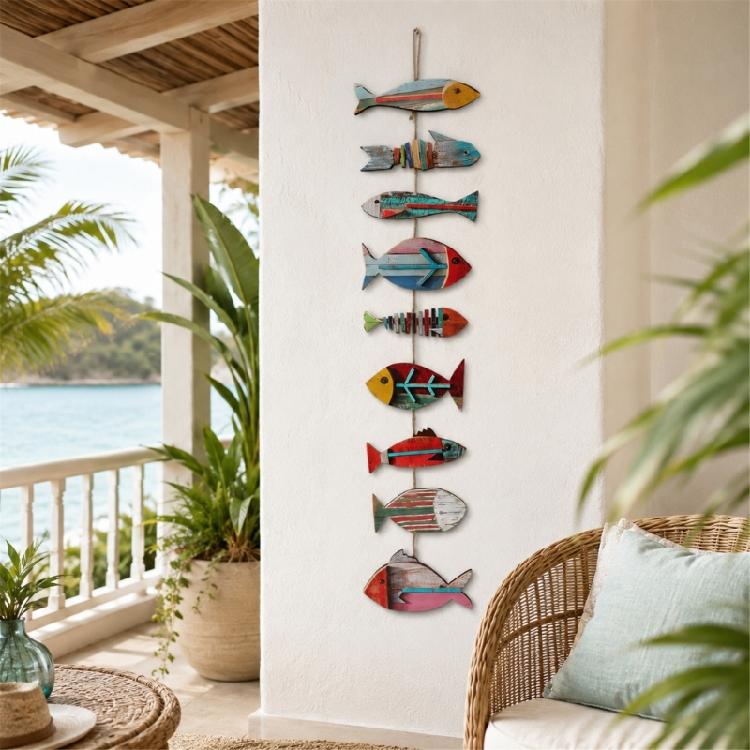 Multicolor Distressed Fish Wall Sculpture Decors, Painted Wooden Beach Coastal Hanging Sign for Bathroom Bedroom Living Room Entryway