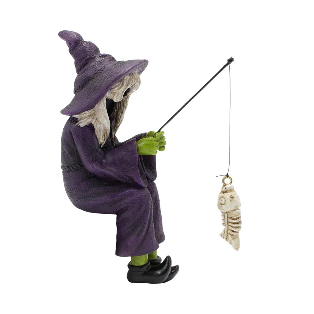 Halloween Fishing Witch Statue, 4.6" Tall Fishing Witch Ornament, Resin Sitting Witch Figurine Outdoor Decor For Garden Yard Lawn Pond