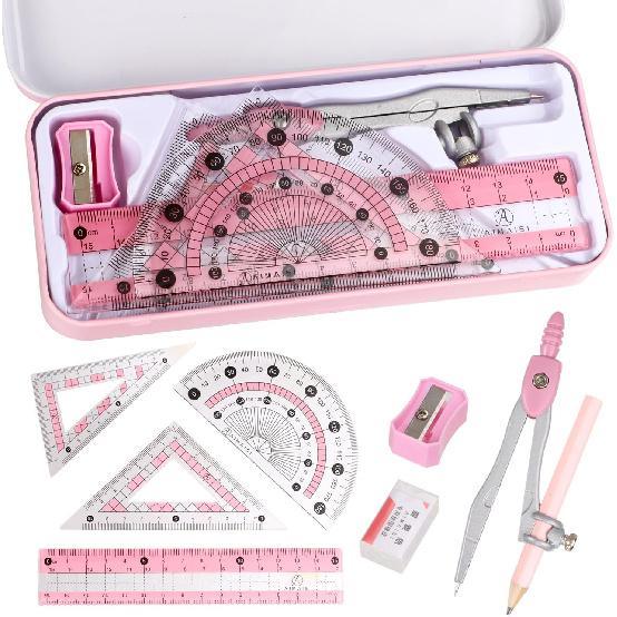 Compass Geometry Tool Protractor and Compass Set with Metal Box Drawing Compass with Rulers Math Compass Kit for Class Supplies and School 8 Piece