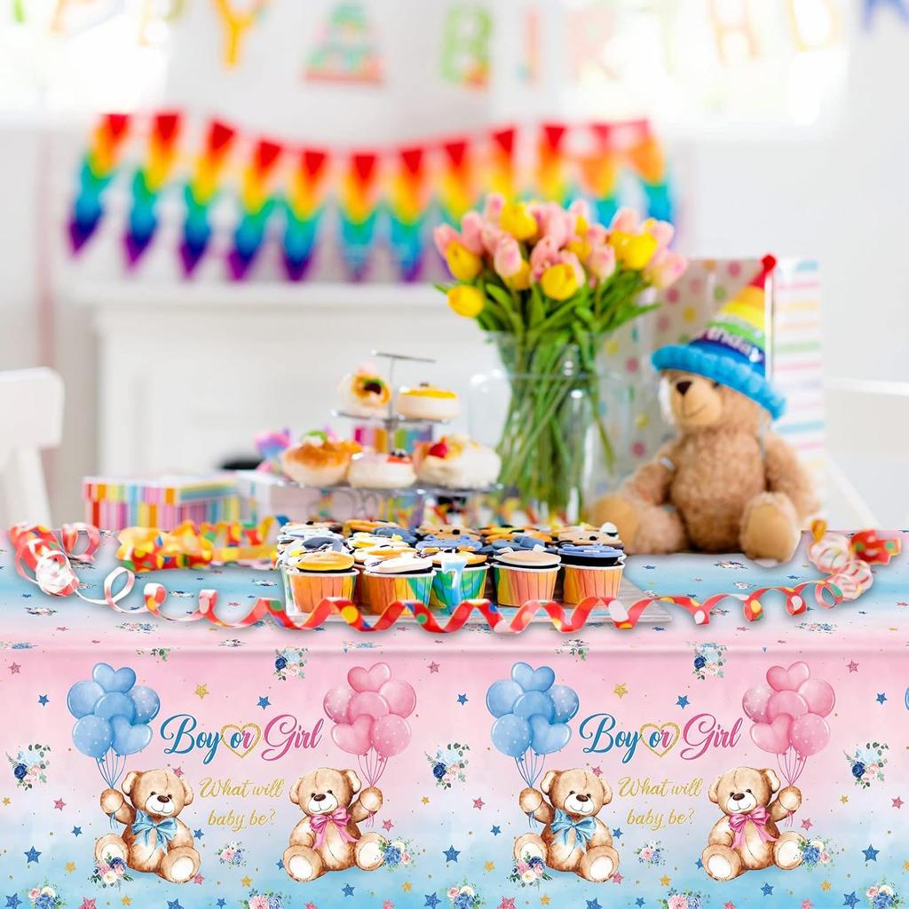 Capoda 3 Pcs Bear Baby Shower Tablecloths Gender Reveal Table Covers Rectangle Plastic Bear Table Cloths for Baby Shower Gender Reveal Party