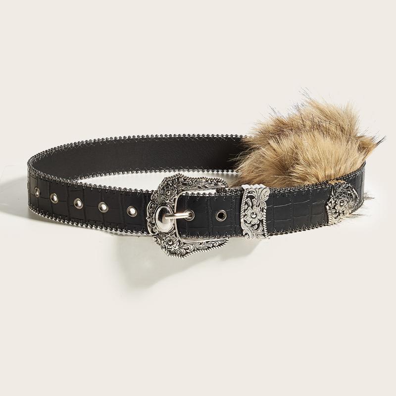 Punk Pu Leather Fur Belt Y2K Metal Studded Plush Waist Chain Faux Fur Belts Furry Sexy Vintage Waistband Hiphop Jeans Belt