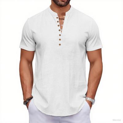 Summer New Men's Cotton Linen T-shirt Short Sleeve Breathable Lightweight Solid Color Male Fashion Henley Neck Button Top