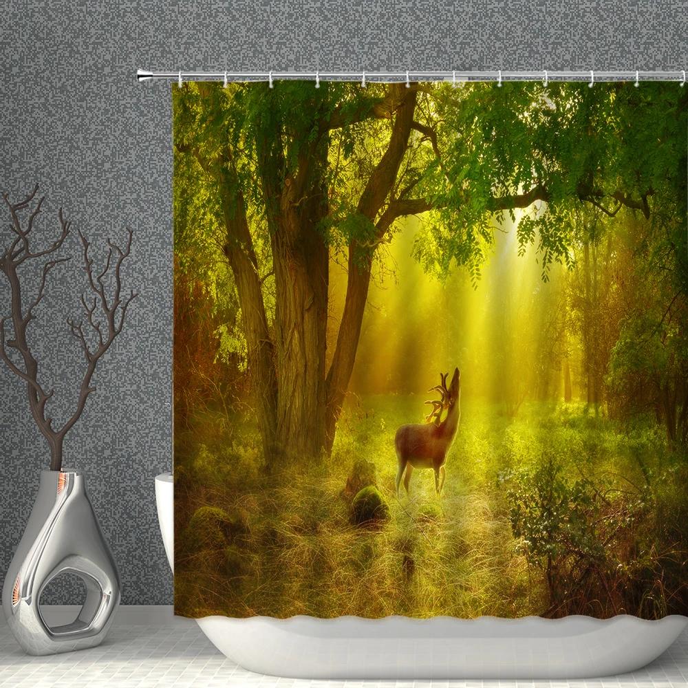 Animals Landscape Shower Curtain Set Wild Elk Forest Trees Green Plants Grassland Home bathroom Decor Hanging curtains Washable