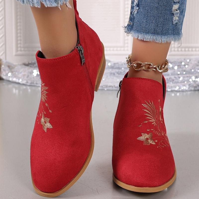2024 Autumn New Fashion Square Heel Embroidery Women's Boots Casual Versatile Naked Boots Concise Pointed Toe Women's Shoes