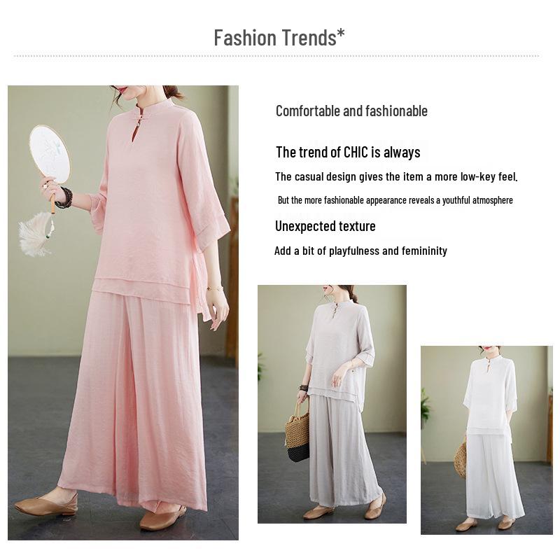 Women's Summer 2023 Stand Collar Yoga Set: Solid Color Three-Quarter Sleeve Top & Pants Tea Set