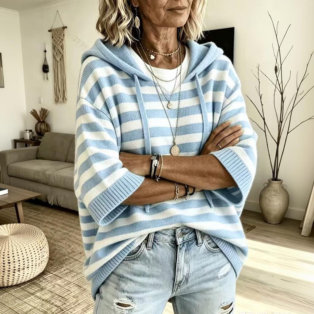 Felpa a righe in maglia da donna con maniche a 3/4, top casual a pullover