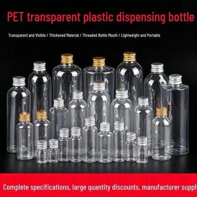 PET Clear Plastic Refillable Bottle with Two-Color Aluminum Cap, Available In 50ml, 60ml, 100ml, 500ml, and 1000ml Sizes