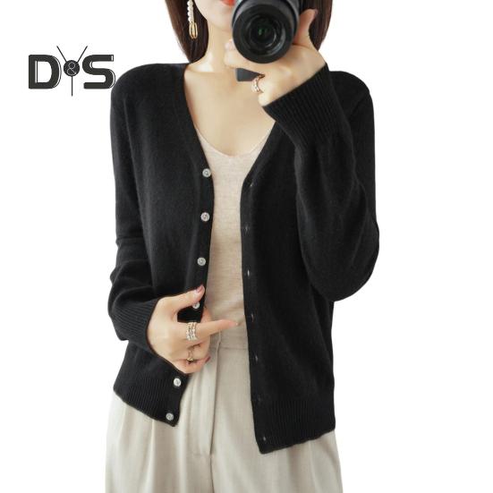 Spring Summer Knitting Cardigan V-Neck Long Sleeve Ribbed Cuffs Sweater Solid Color Single Breasted Stretchy Knitwear