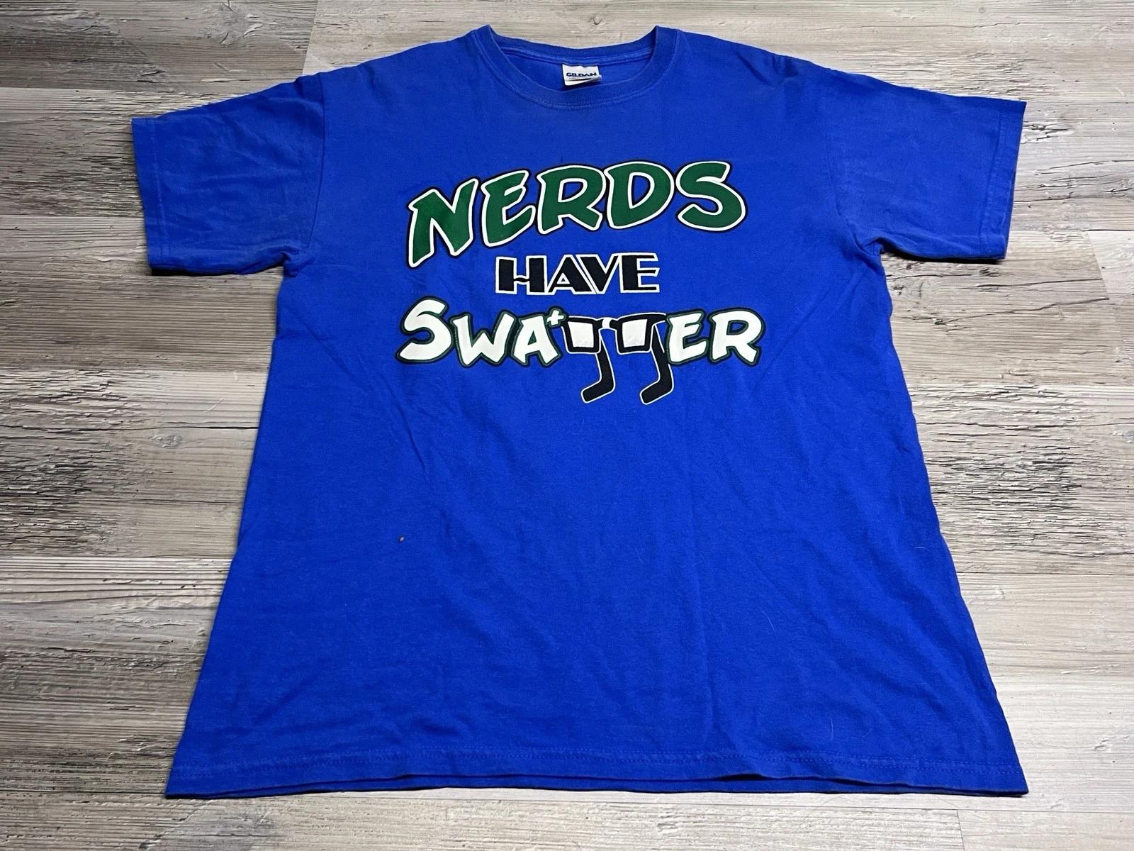

Vintage Y2K Funny Graphic T-Shirt Nerds Have Swagger Short Sleeve Blue Mens Sz M 2XL