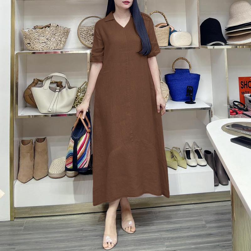 ZANZEA Vestido largo suelto informal de manga corta con cuello vuelto para mujer