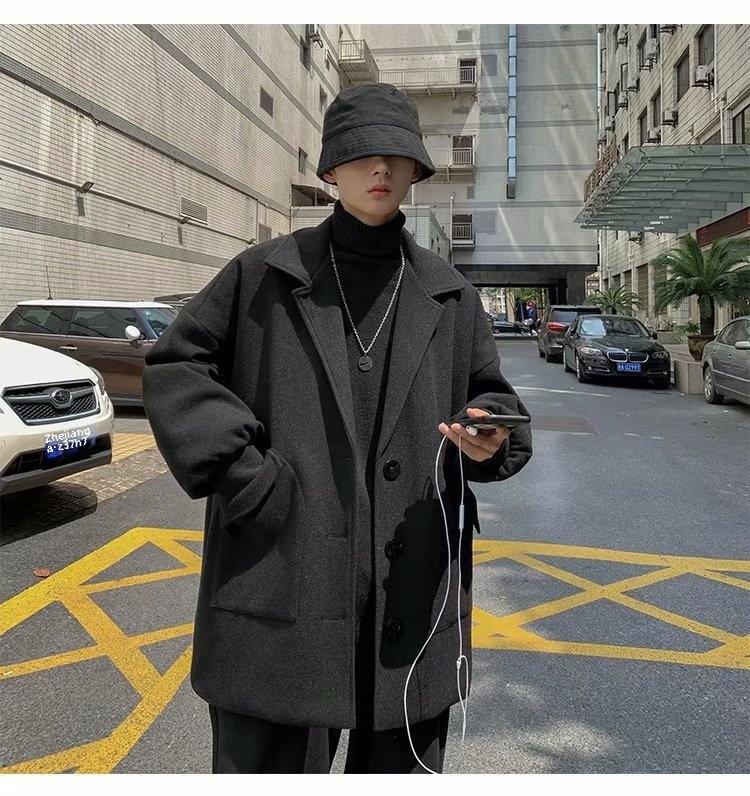 Men's Trendy Mid-Length Woolen Coat - Hong Kong Style, Autumn/Winter, Korean Version, Casual Fit, Handsome Look.