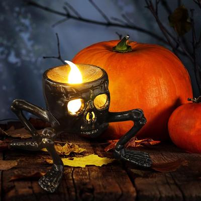 Halloweenské čajové svíčky Skeletové ruční bezplamenové LED svíčky 8,5 cm/3,3 palce bezplamenné čajové svíčky Svíčková lampa na Halloween