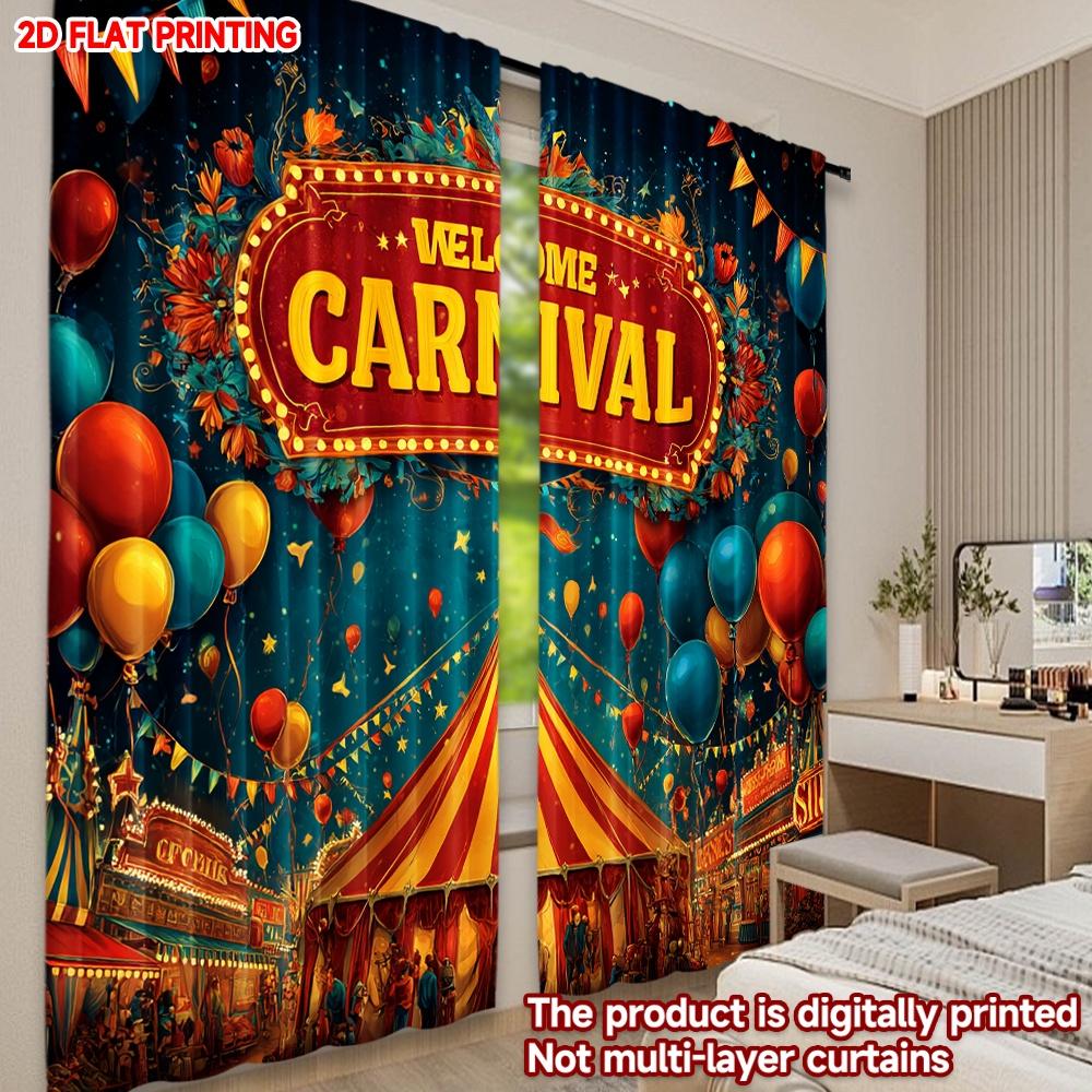 2D Flat Printing 2pcs Curtain Drapes Carnival Celebration Night Digital Printed Polyester Drapes Seasonal Party & Holiday Decor