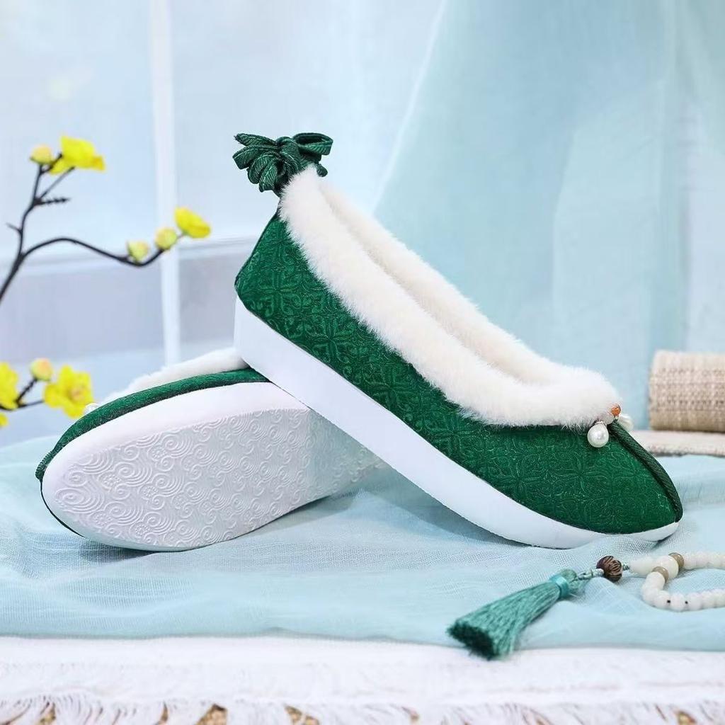 Women's Ethnic Style Shallow Flat sole Cotton Shoes Winter New Plush Keep Warm Ankle Strap Hanfu Shoes Cloud Ascending Shoes