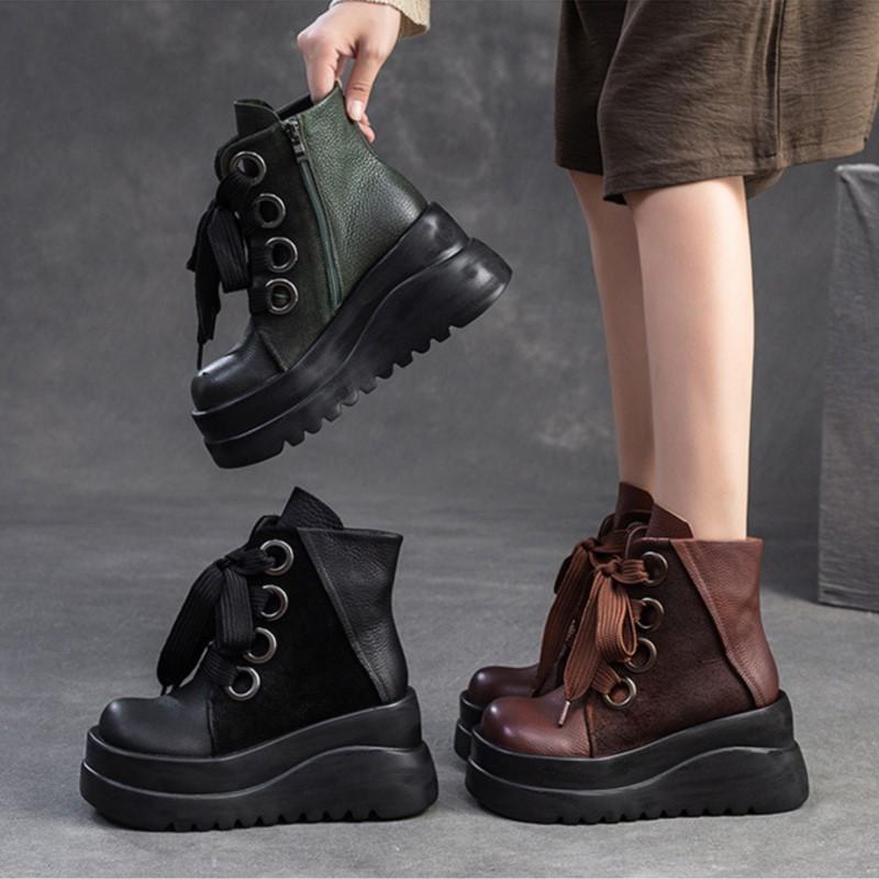 Johnature Genuine Leather Wedges Short Boots Retro Thick Soled Side Zipper Versatile Women's Shoes
