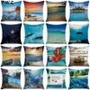 45x45 cm Kissenbezug im Blue Ocean Style Quadratisch Strand Kokospalmenhain Sonnenuntergang Landschaft Druck Kissenbezug Heimdekor Kissenbezug