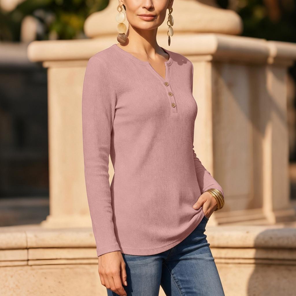 Women's Casual Color Button V-Neck Long Sleeve Knit T-Shirt for Fall